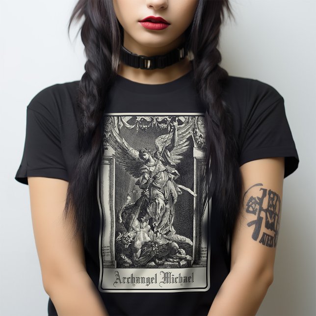 T-shirt Archange Michael Tarot Card Art Religieux Gothique (Wear your own Archangel for protection and Defeat the Devil. Personalise with your own text.)