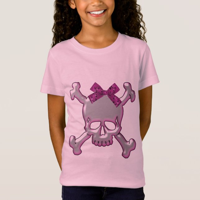 T-Shirt Argent mignon et crâne 3D rose avec le ruban (Devant)