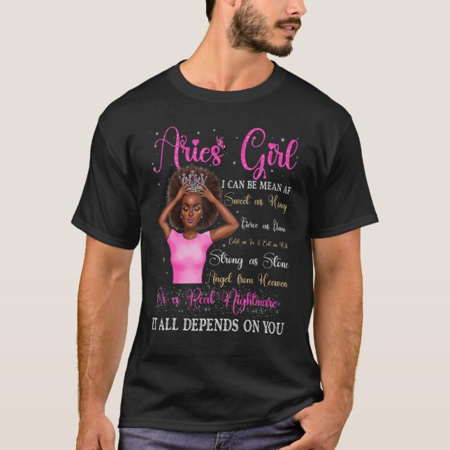 T-shirt Aries Girl Black Queen Zodiac Birthday Afro Women  (Devant)