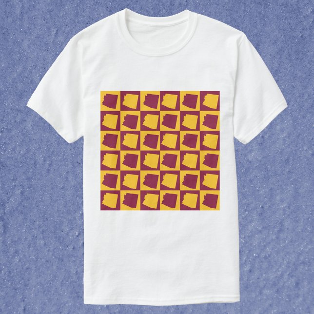 T-shirt Arizona Pop Art Checkerboard Pattern Maroon Gold (A tshirt featuring a maroon and gold pattern with the outline of Arizona.)