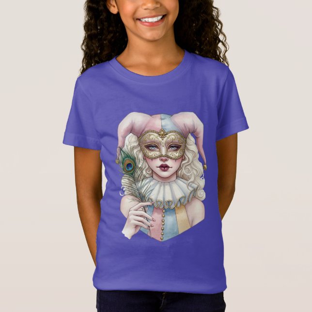 T-Shirt Arlequin en masque avec plume de paon (Devant)