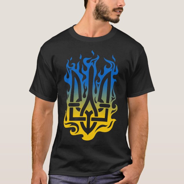 T-shirt Armoiries de l'Ukraine Feu bleu trident jaune (Devant)