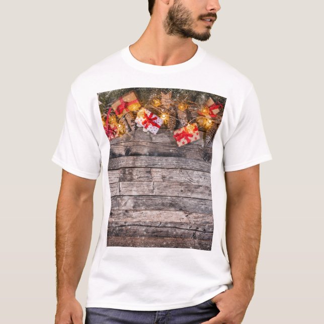 T-shirt Arrière - plan rustique de Noël, planches en bois. (Devant)