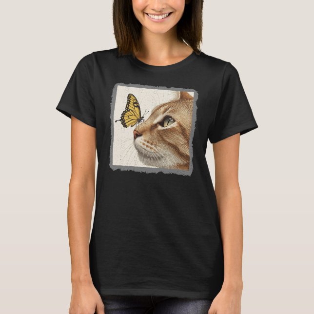 T-shirt Art Abstrait de chat et papillon (Devant)