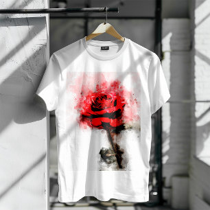 T-shirt Art aquarelle d'une rose rouge sur fond blanc