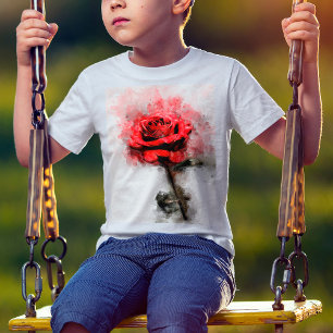 T-shirt Art aquarelle d'une rose rouge sur fond blanc
