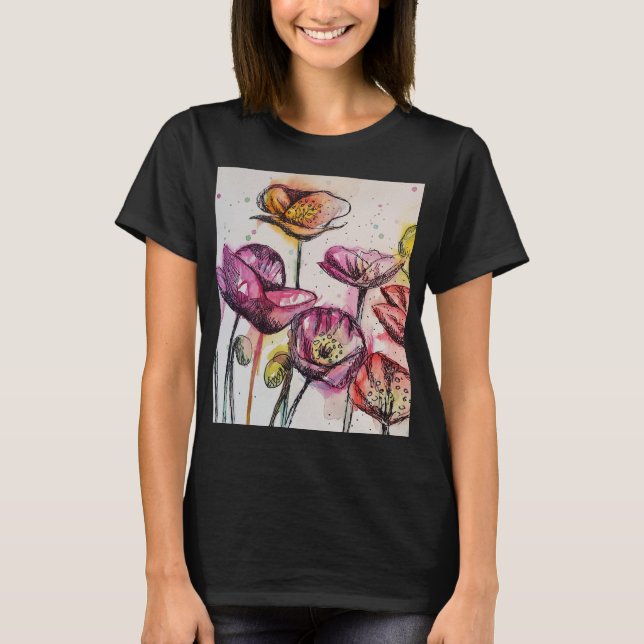 T-shirt art aquarelle floral pavot rouge violet rose (Devant)