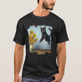 T-shirt Art Chat Noir Tournesols pour Amateurs de Chats, M