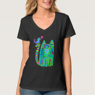 T-shirt Art Coloré Chat Avec Oiseau Bleu Pour Chat
