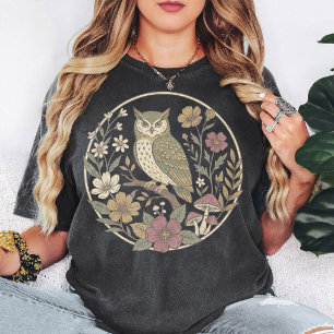 T-shirt Art de cercle de champignon floral de hibou vintag