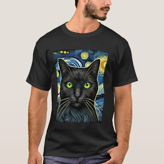 T-shirt Art de chat fantaisiste de nuit étoilée (Devant)