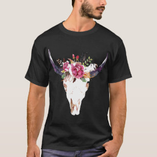 T-shirt Art de crâne de vache avec des fleurs génial pour