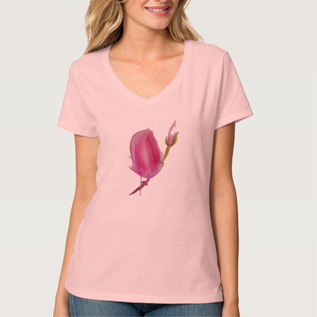 T-shirt Art de fleur d'aquarelle de magnolia rose (Devant)
