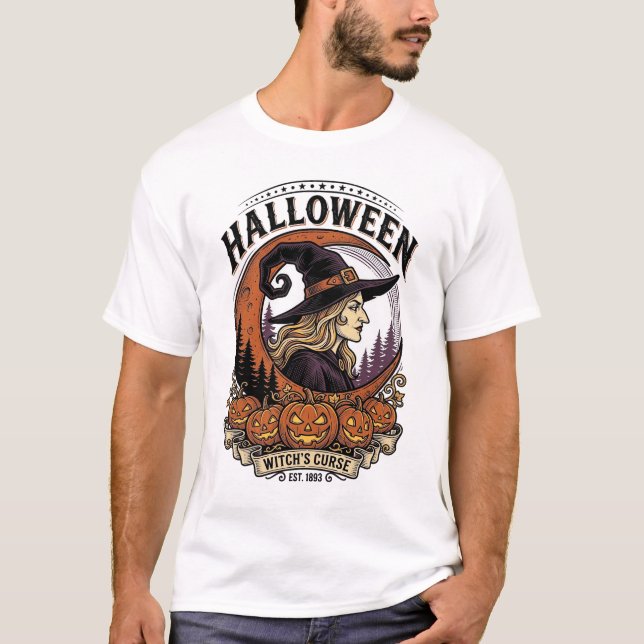 T-shirt Art de gravure de lune de citrouille de sorcière v (Devant)