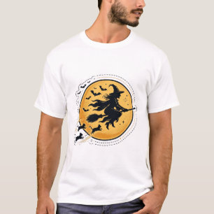 T-shirt Art de la silhouette de sorcière volant sur la ple