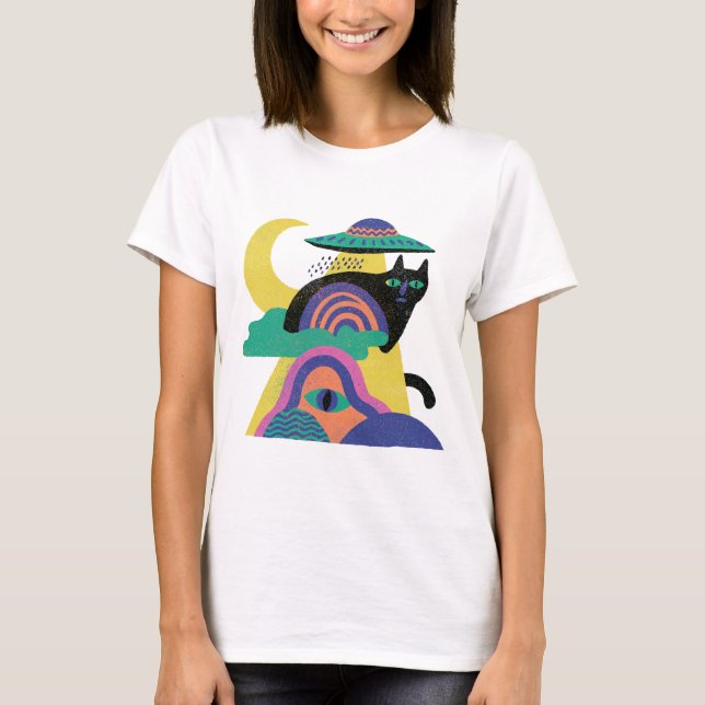 T-shirt Art de lune de chat noir OVNI (Devant)