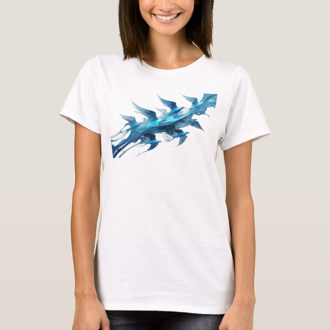 T-shirt Art de mode d'oiseaux abstraits bleu classique (Devant)
