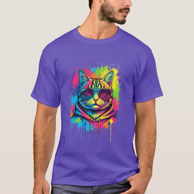 T-shirt Art de rue de chat cool - Neon Splash Kitty (Devant)