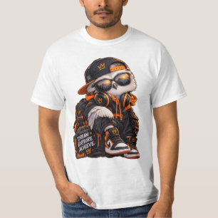 T-shirt Art de rue de hibou urbain en noir et orange