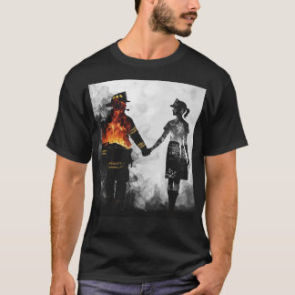 T-shirt Art de silhouette de couple infirmière et pompier