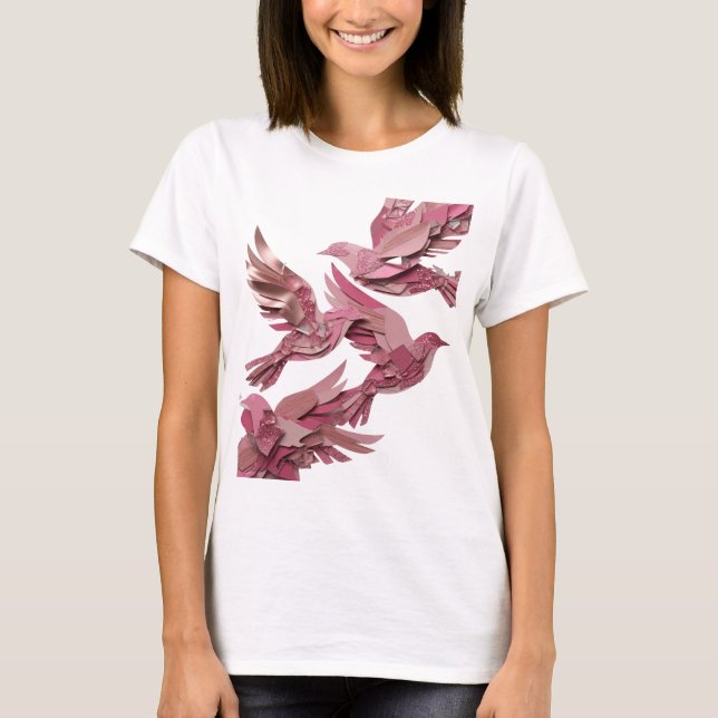 T-shirt Art de texte 3D Edgy Silver PINK BIRDS (Devant)