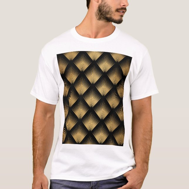 T-shirt Art Déco, motif d'or noir. (Devant)