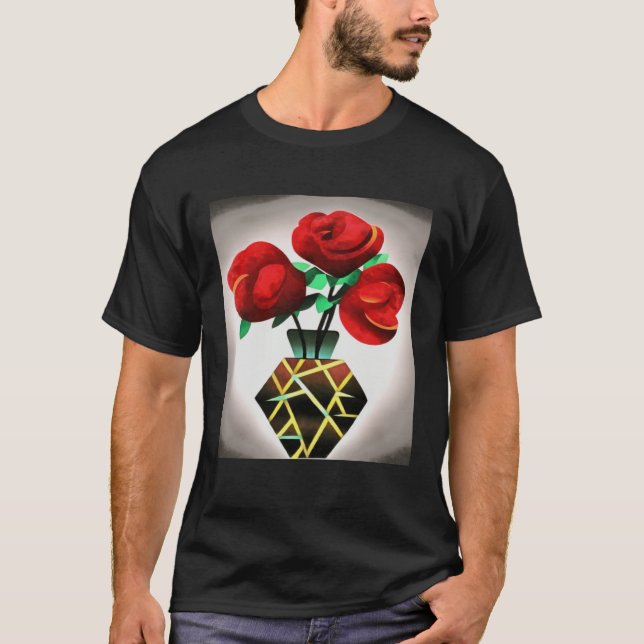 T-shirt Art Deco Red Roses In Vase Abstract Art (Devant)
