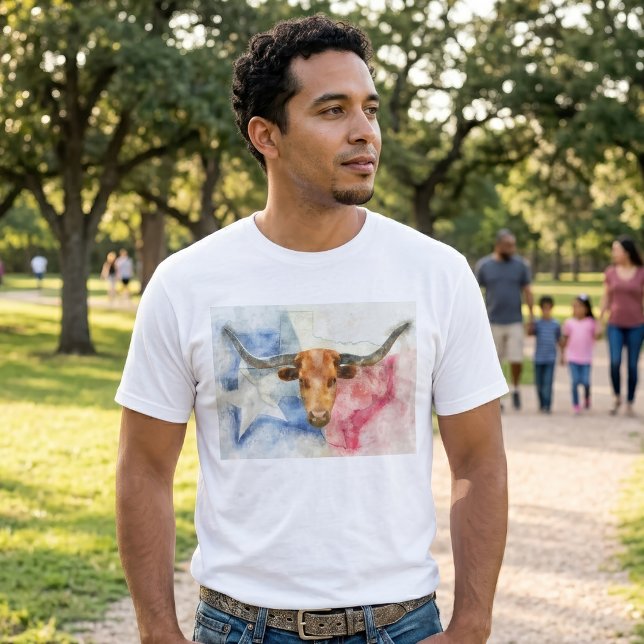 T-shirt Art d'impression à l'aquarelle représentant une va (Texas Longhorn Cow and Flag Watercolor Print Art. Men Basic White T-Shirt)