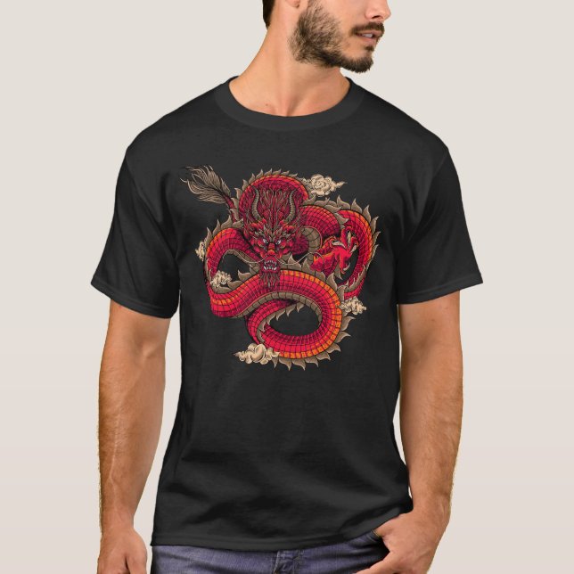 T-shirt Art du dragon rouge féroce cool (Devant)