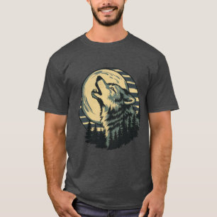 T-shirt Art du loup hurlant sarcelle sous la lune