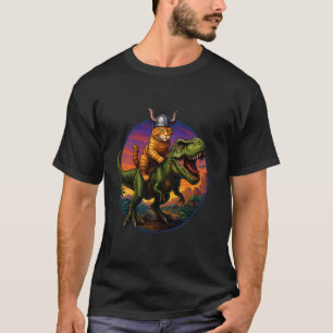 T-shirt Art félin décalé de dinosaure à cheval sur un chat