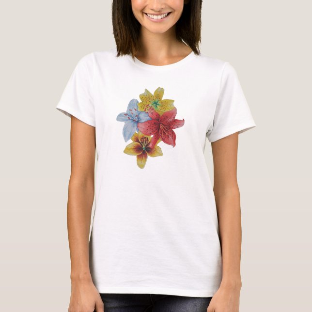 T-shirt Art floral rouge et jaune Lily (Devant)