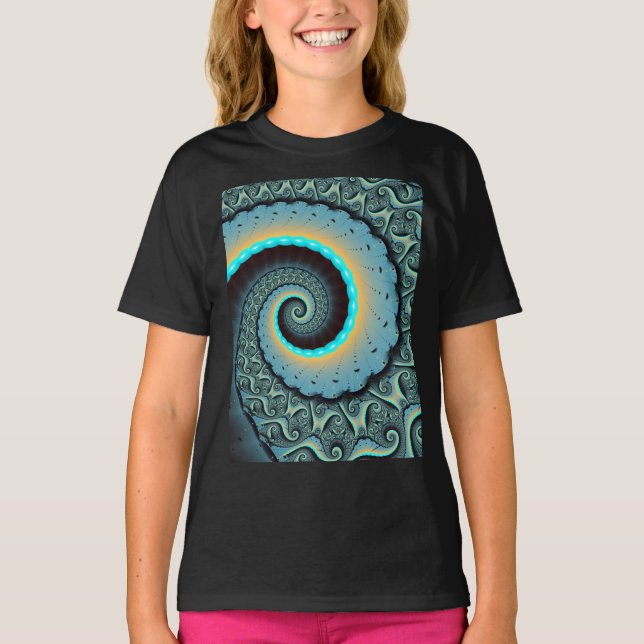 T-shirt Art fractal abstrait bleu turquoise orange Spirale (Devant)