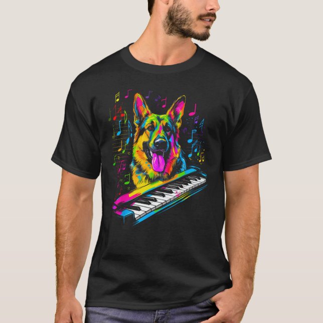 T-shirt Art German Shepherd Dog Piano Pianist (Devant)
