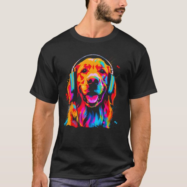 T-shirt Art Golden Retriever Dog DJ Headset (Devant)
