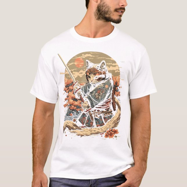 T-shirt Art japonais Chat Ninja Ukiyo-E Style Anime Samura (Devant)