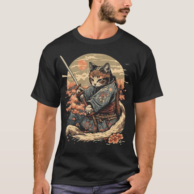 T-shirt Art japonais Chat Ninja Ukiyo-E Style Anime Samura (Devant)
