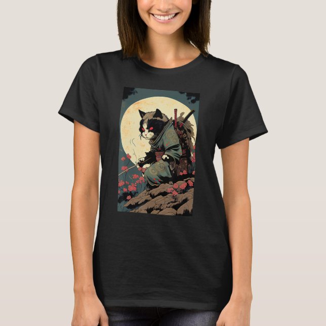 T-shirt Art japonais Chat Ninja Ukiyo-e Style Samurai Chat (Devant)