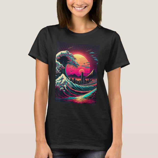 T-shirt Art japonais style Ukiyo-e Retrowave grande vague  (Devant)