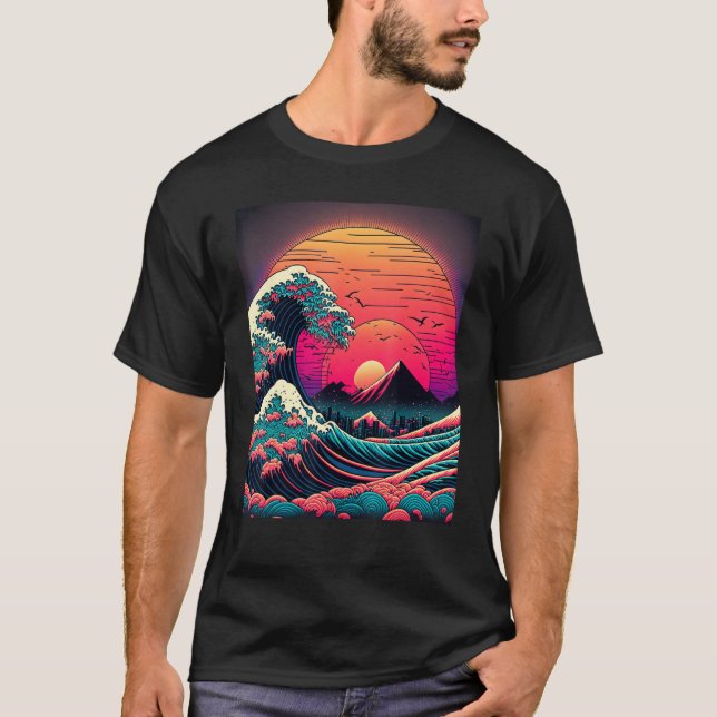 T-shirt Art Japonais Ukiyo-e Style Rétrowave Grande vague  (Devant)
