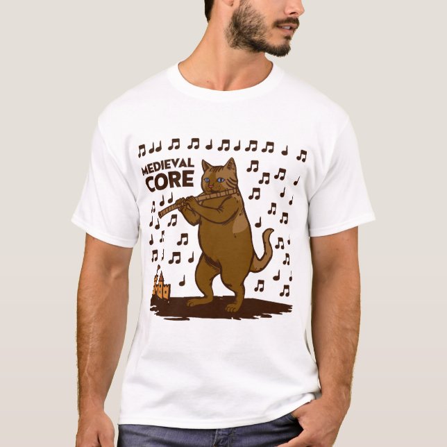 T-shirt Art médiéval amusant de chat jouant de la flûte (Devant)