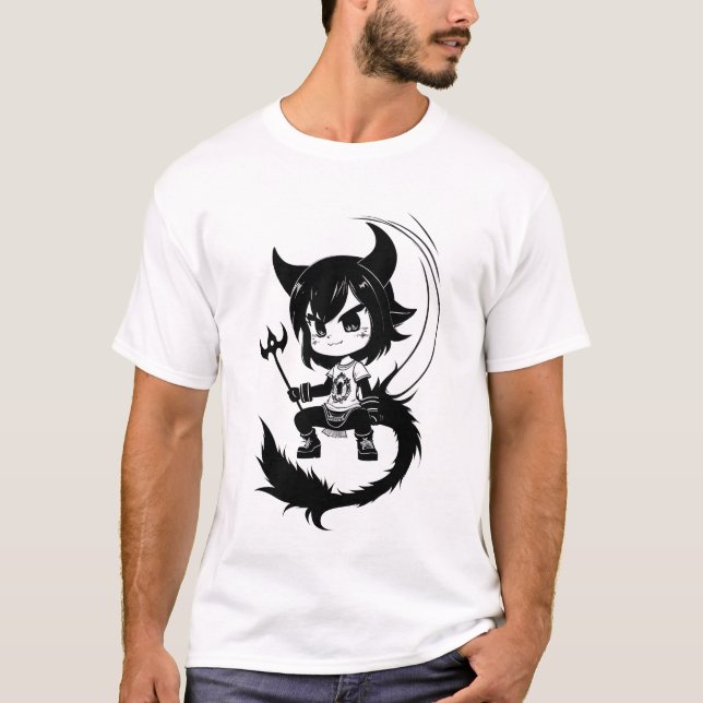 T-shirt Art noir et blanc jeune fille diable | Art AI (Devant)