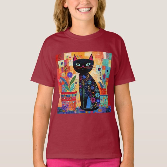 T-shirt Art populaire de chat noir (Devant)