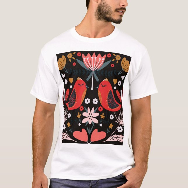 T-shirt Art populaire scandinave : Oiseaux colorés. (Devant)