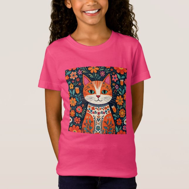 T-Shirt Art populaire Whimsical Chat et Fleurs (Devant)