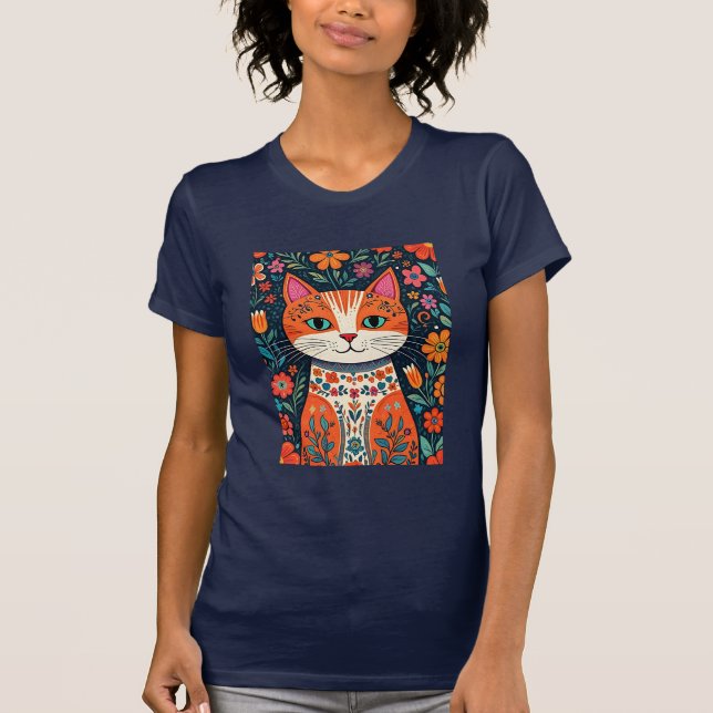 T-shirt Art populaire Whimsical Chat et Fleurs (Devant)
