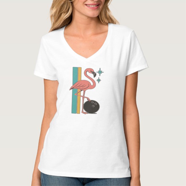 T-shirt Art Rétro Bowling Flamant Rose Milieu de Siècle (Devant)