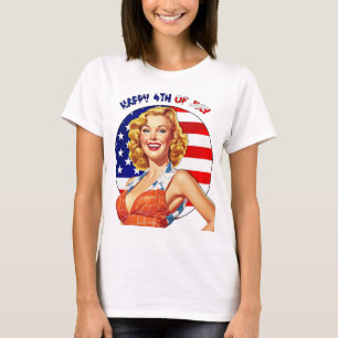 T-shirt Art Rétro Fille Pin-Up Joyeux 4 Juillet