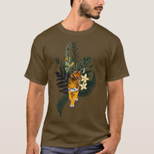 T-shirt Art Tigre Coloré Avec Feuilles Tropicaux