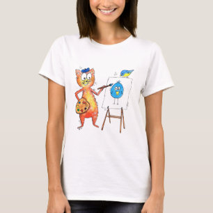 T-shirt Artiste de Whimsical Chat Peindre un oiseau